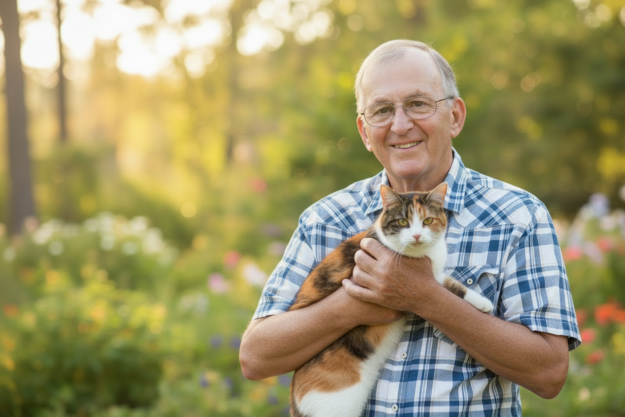 Veterinarian in checkered shirt holding tortoiseshell and white cat